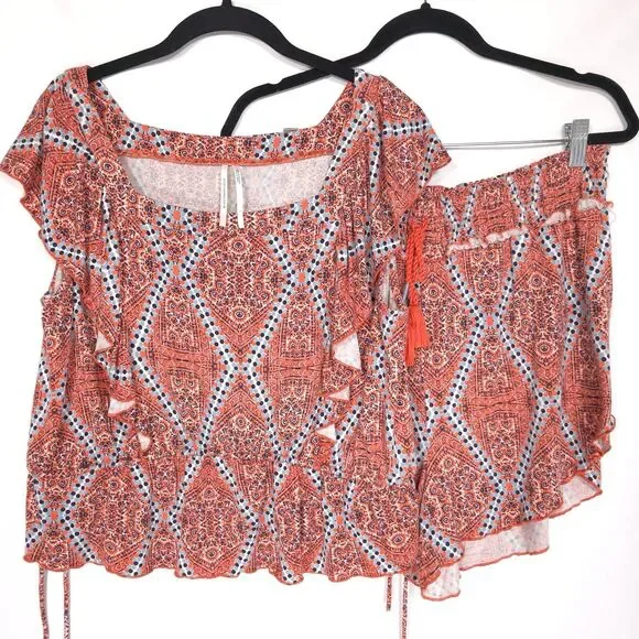 ANTHROPOLOGIE 2pc Set LARGE Loungewear‎ Top Ruffle Smocked Shorts Pajama